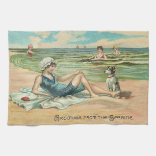 Vintage Victorian Girl and Dog Seaside antique art Tea Towel