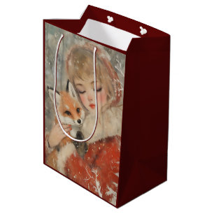 Vintage Victorian Girl & Fox Christmas Decoupage Medium Gift Bag