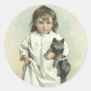 Vintage Victorian Girl in a Nightgown with Her Cat Classic Round Sticker