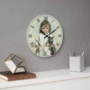 Vintage Victorian Girl in a Nightgown with Her Cat Large Clock