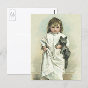 Vintage Victorian Girl in a Nightgown with Her Cat Postcard