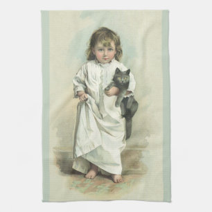 Vintage Victorian Girl in a Nightgown with Her Cat Tea Towel