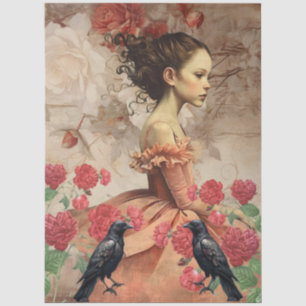 Vintage Victorian Girl Raven & Red Cabbage Roses Tissue Paper