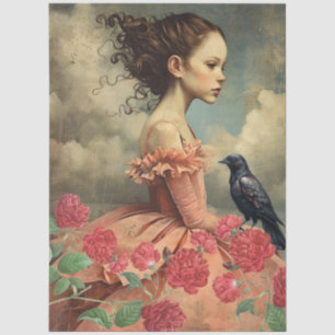 Vintage Victorian Girl Raven & Red Cabbage Roses Tissue Paper