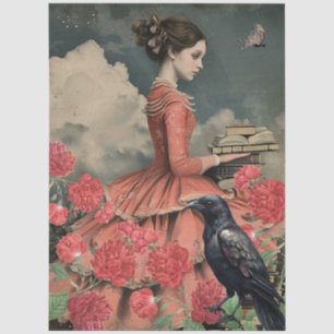 Vintage Victorian Girl Raven & Red Cabbage Roses Tissue Paper