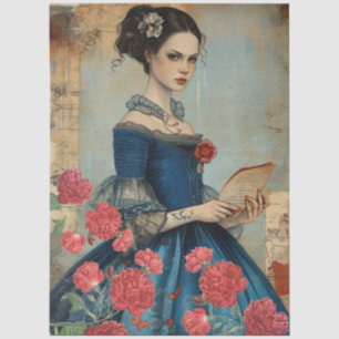 Vintage Victorian Girl & Red Cabbage Roses Tissue Paper