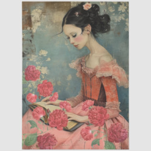 Vintage Victorian Girl & Red Cabbage Roses Tissue Paper
