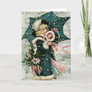 Vintage Victorian Girl with Umbrella Christmas Holiday Card