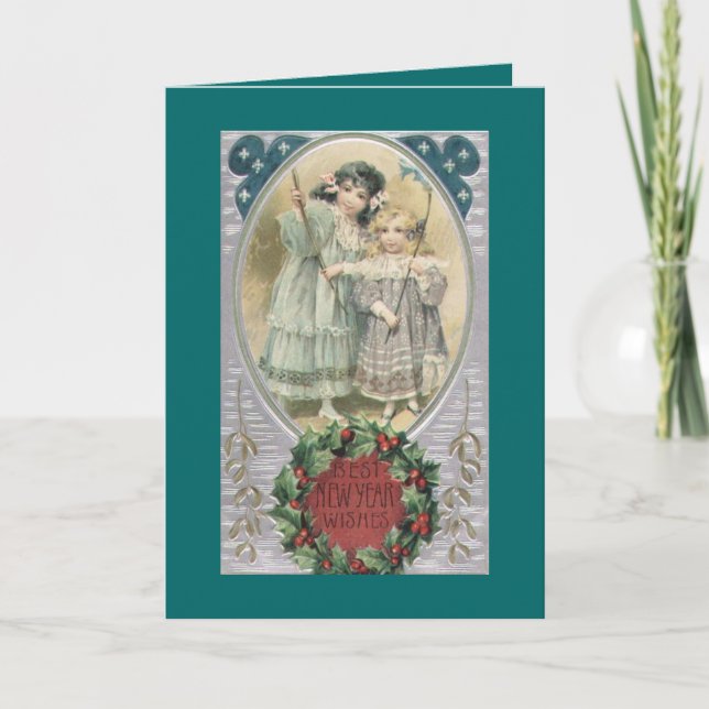 Vintage Victorian Girls New Year Greeting Card (Front)