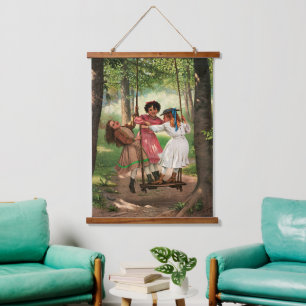 Vintage Victorian Girls on Forest Swing Art Hanging Tapestry