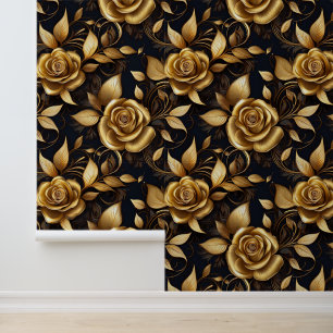 Vintage Victorian Gold Floral Roses on Black Wallpaper