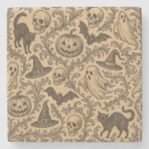 Vintage Victorian Halloween pattern with ghosts  Stone Coaster