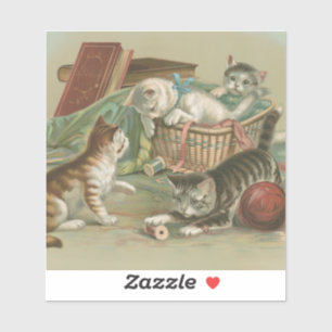 Vintage Victorian Kittens Playing in Sewing Basket