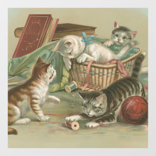 Vintage Victorian Kittens Playing in Sewing Basket