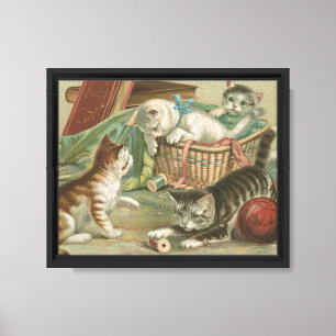 Vintage Victorian Kittens Playing in Sewing Basket Canvas Print