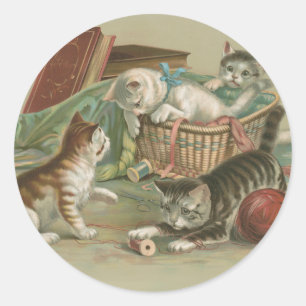 Vintage Victorian Kittens Playing in Sewing Basket Classic Round Sticker