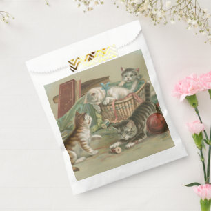 Vintage Victorian Kittens Playing in Sewing Basket Favour Bag