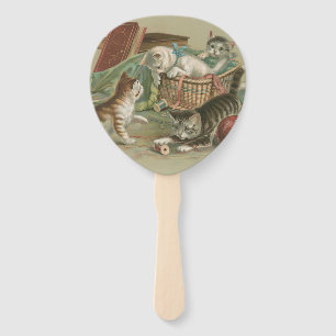 Vintage Victorian Kittens Playing in Sewing Basket Hand Fan