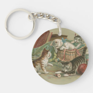 Vintage Victorian Kittens Playing in Sewing Basket Key Ring