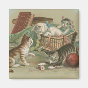 Vintage Victorian Kittens Playing in Sewing Basket Magnet