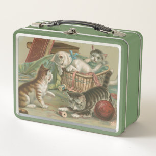 Vintage Victorian Kittens Playing in Sewing Basket Metal Lunch Box