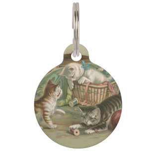 Vintage Victorian Kittens Playing in Sewing Basket Pet Tag