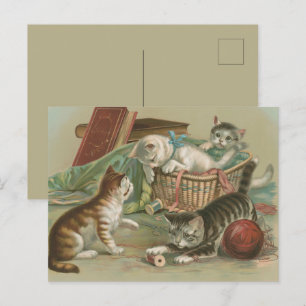 Vintage Victorian Kittens Playing in Sewing Basket Postcard