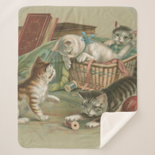 Vintage Victorian Kittens Playing in Sewing Basket Sherpa Blanket
