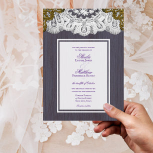 Vintage Victorian Lace and Dusty Purple Barnwood Invitation
