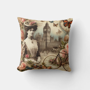 Vintage Victorian Lady and Bicycle Collage Cushion