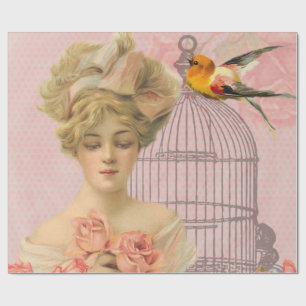 Vintage. Victorian Lady and Birdcage. Wrapping Paper