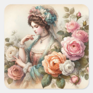 Vintage Victorian Lady and Roses watercolor  Square Sticker