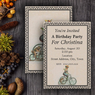 Vintage Victorian Lady Dog Bicycle Birthday Invitation