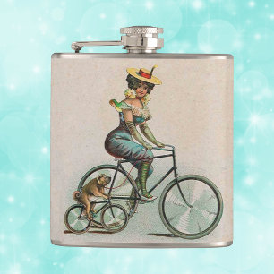 Vintage Victorian Lady Dog Bicycle Hip Flask