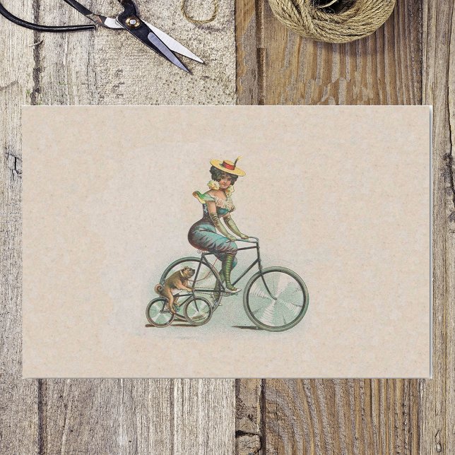 Vintage Victorian Lady Dog Bicycle Tissue Paper (Victorian lady riding bicycle beside her bulldog also on bike on tan wrapping tissue paper.)