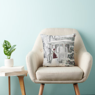 Vintage Victorian lady in winter park drawing Thr Cushion