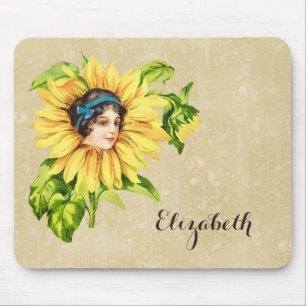Vintage Victorian Lady Summer Sunflower With Name Mouse Pad