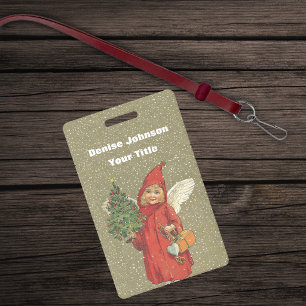 Vintage Victorian Little Angel Tree Snow Tan ID Badge
