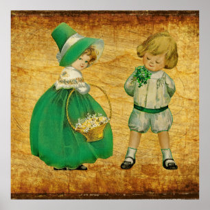 Vintage Victorian little Girl and Boy St Patrick Poster