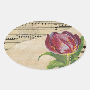 Vintage Victorian Music Romance Tulips Oval Sticker