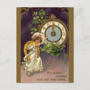 Vintage Victorian New Years Eve, Clock at Midnight Holiday Postcard