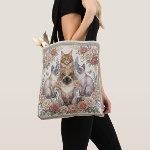 Vintage Victorian Ornamental Floral Feline Art Tote Bag