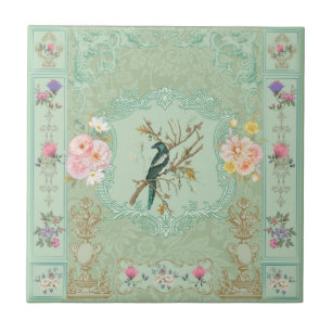 Vintage Victorian Pastel Floral Rococo Painting Ceramic Tile