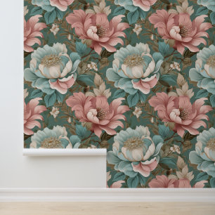 Vintage Victorian Peonies Blue Pink Large Floral Wallpaper