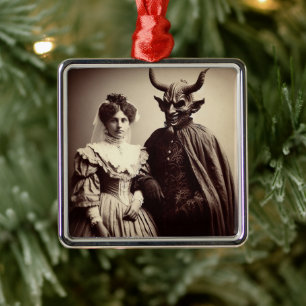Vintage Victorian Photo of Woman and Devil Metal Ornament