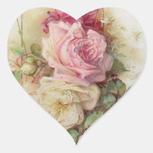 Vintage Victorian pink and white Roses Heart Sticker