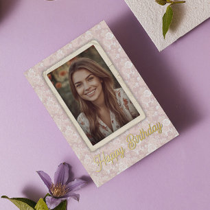 Vintage Victorian Pink Rose Cabinet Photo Birthday Foil Greeting Card