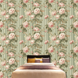 Vintage Victorian Pink Roses Green Striped Pattern Wallpaper
