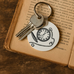 Vintage Victorian Pocket Watch Line Art Key Ring
