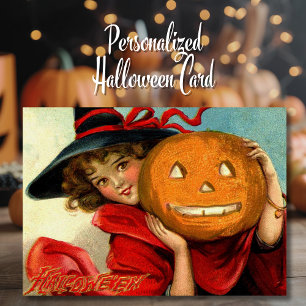 Vintage Victorian Pretty Girl with Pumpkin Custom Holiday Card